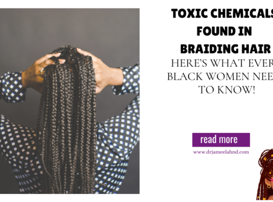 Black woman wearing long braids, looking confidently into the distance; text overlay reads “Breaking News: Toxic Chemicals Found in Braiding Hair—What Every Black Woman Needs to Know.”